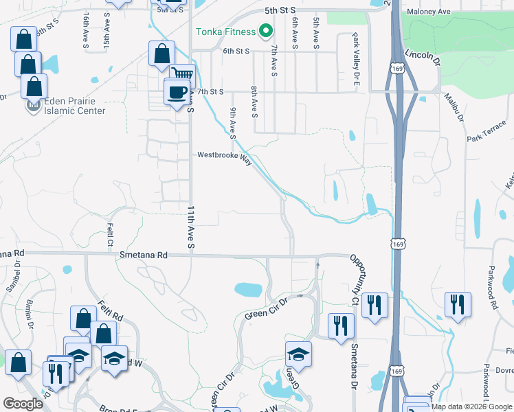 map of restaurants, bars, coffee shops, grocery stores, and more near 952 Westbrooke Way in Hopkins