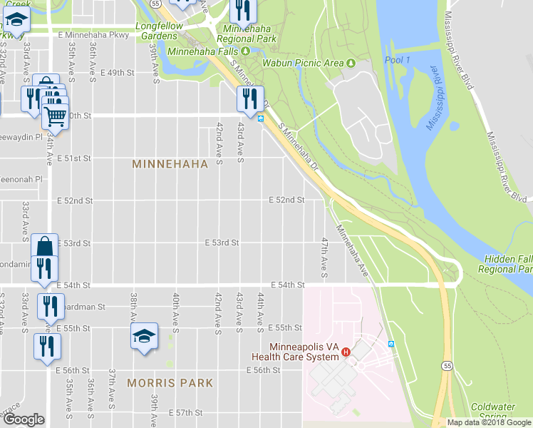 map of restaurants, bars, coffee shops, grocery stores, and more near 5217 44th Avenue South in Minneapolis