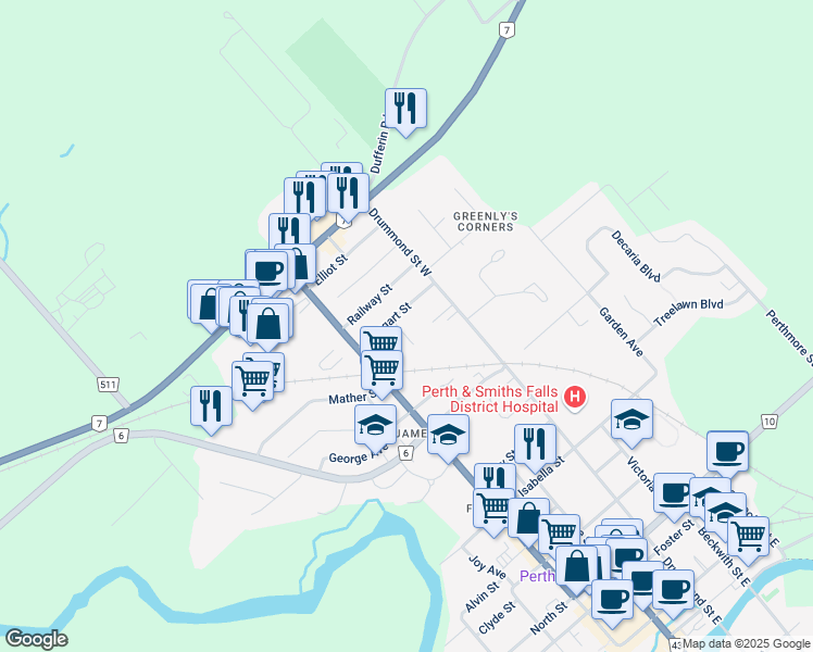 map of restaurants, bars, coffee shops, grocery stores, and more near 18 Haggart Street in Perth