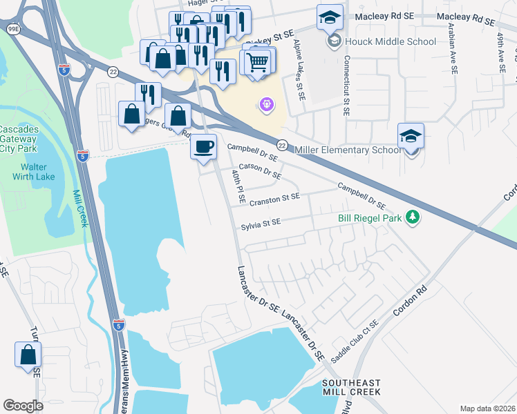 map of restaurants, bars, coffee shops, grocery stores, and more near 4080 Cranston Street Southeast in Salem