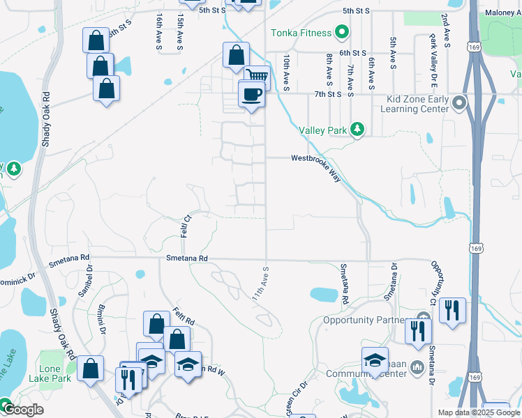 map of restaurants, bars, coffee shops, grocery stores, and more near 1100 Trailwood South in Hopkins