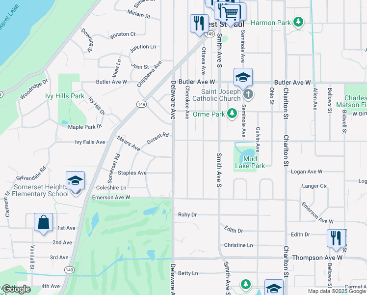 map of restaurants, bars, coffee shops, grocery stores, and more near 1253 Cherokee Avenue in Saint Paul