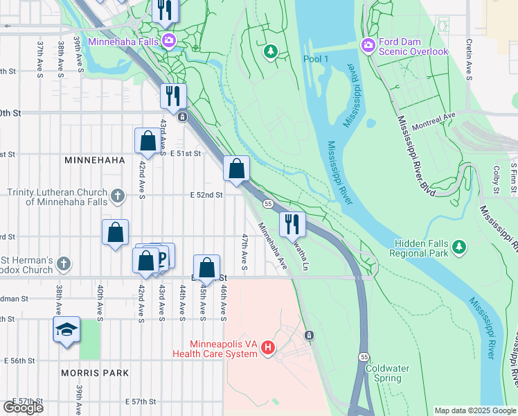 map of restaurants, bars, coffee shops, grocery stores, and more near 5219 Minnehaha Avenue in Minneapolis