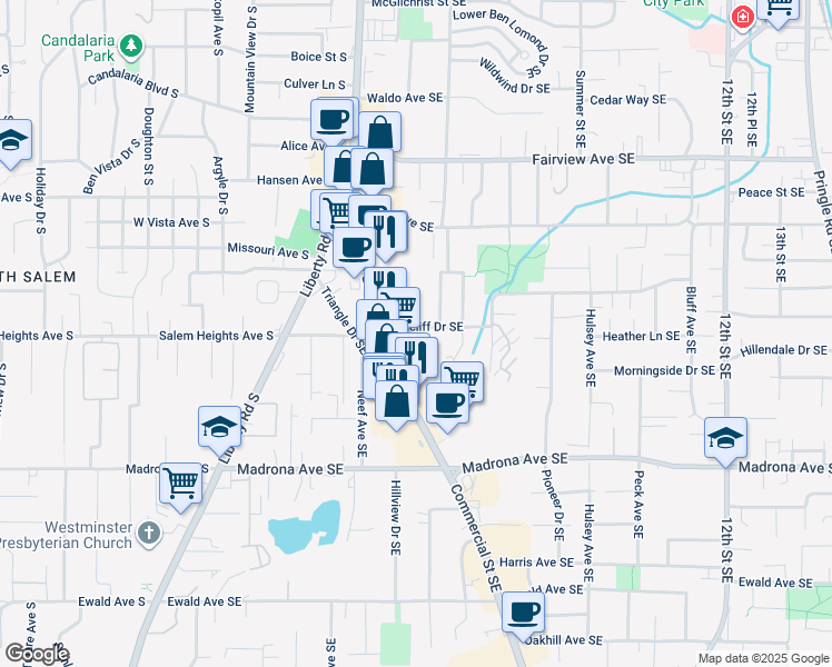 map of restaurants, bars, coffee shops, grocery stores, and more near 492 Ratcliff Drive Southeast in Salem