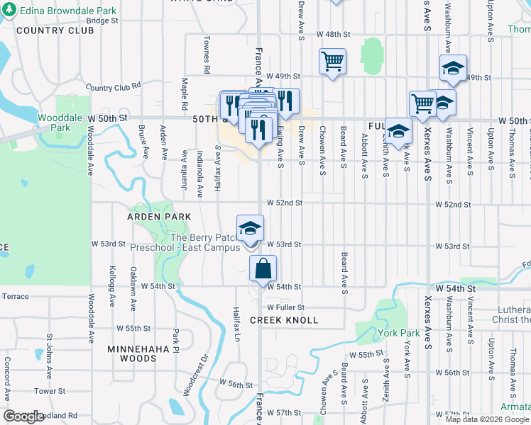 map of restaurants, bars, coffee shops, grocery stores, and more near 5215 France Avenue South in Minneapolis