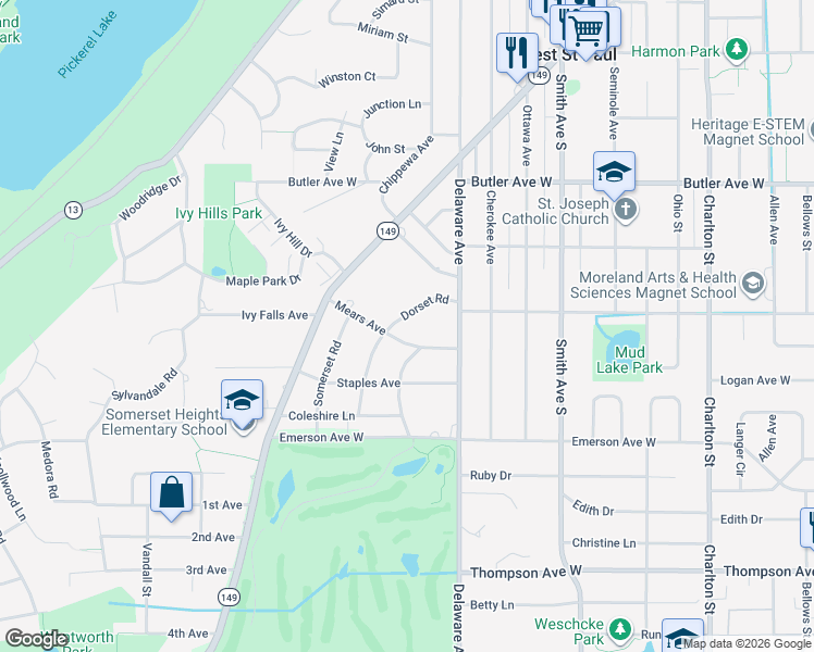 map of restaurants, bars, coffee shops, grocery stores, and more near 6 Dorset Road in Mendota Heights