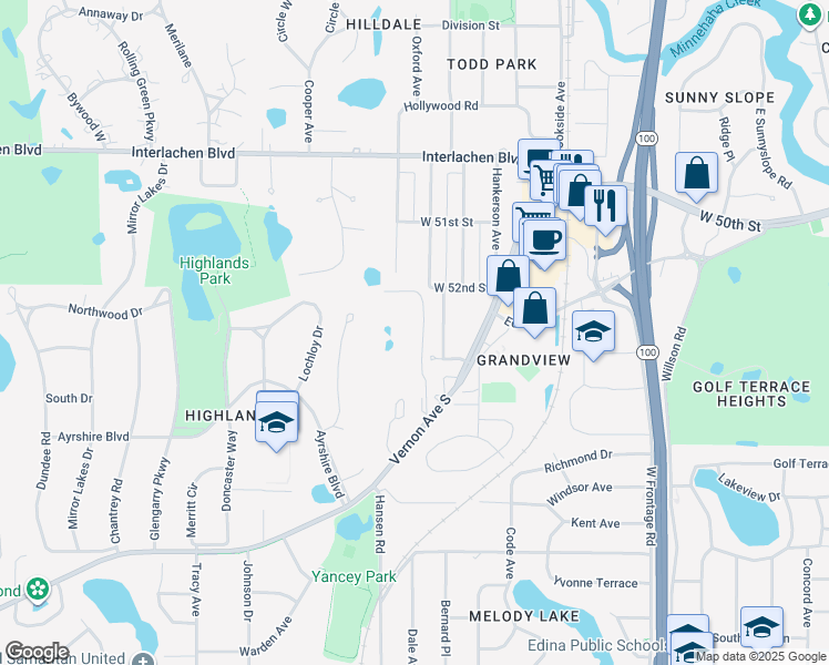 map of restaurants, bars, coffee shops, grocery stores, and more near 5250 Villa Way in Minneapolis