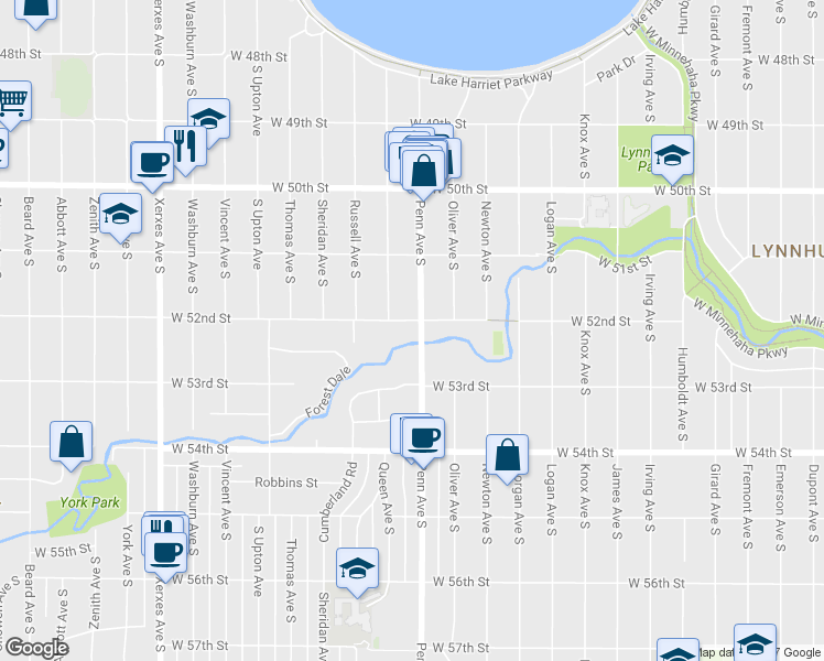 map of restaurants, bars, coffee shops, grocery stores, and more near 2305 West 52nd Street in Minneapolis