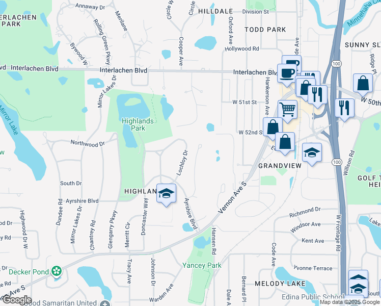 map of restaurants, bars, coffee shops, grocery stores, and more near 5265 Lochloy Drive in Minneapolis