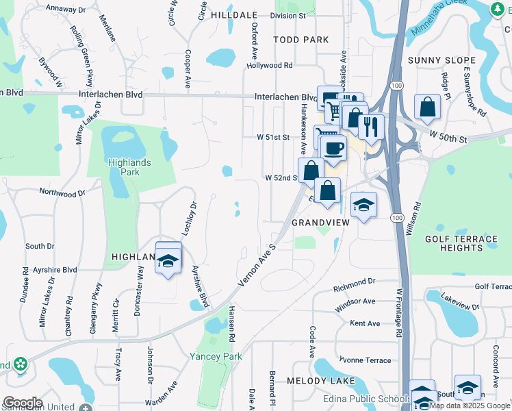 map of restaurants, bars, coffee shops, grocery stores, and more near 5250 Villa Way in Minneapolis