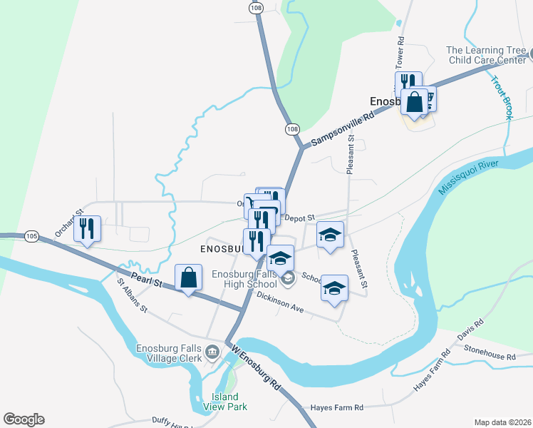 map of restaurants, bars, coffee shops, grocery stores, and more near 413 Main Street in Enosburg