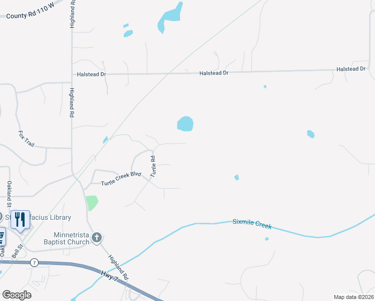 map of restaurants, bars, coffee shops, grocery stores, and more near 3768 Turtle Road in Minnetrista