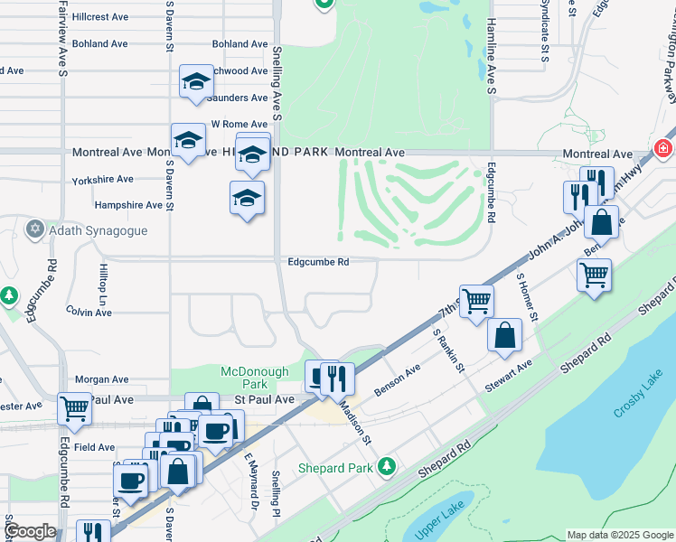 map of restaurants, bars, coffee shops, grocery stores, and more near 2028 Edgcumbe Road in Saint Paul