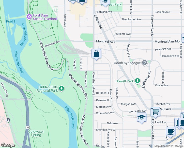 map of restaurants, bars, coffee shops, grocery stores, and more near 1085 Cleveland Avenue South in Saint Paul