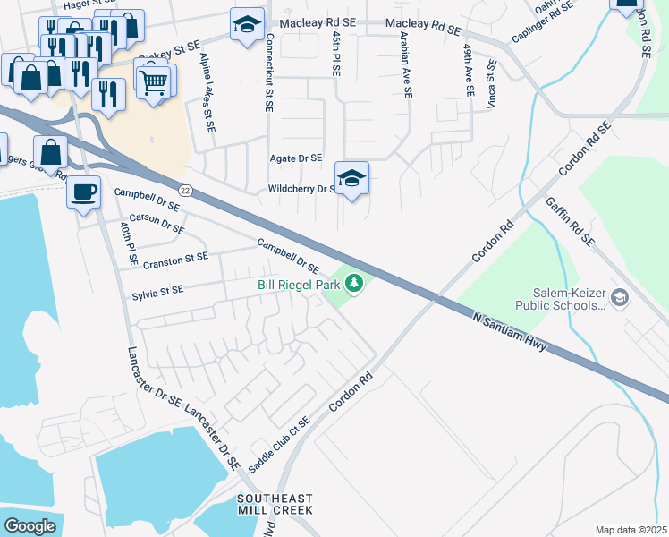 map of restaurants, bars, coffee shops, grocery stores, and more near 4533-4537 Campbell Drive Southeast in Salem