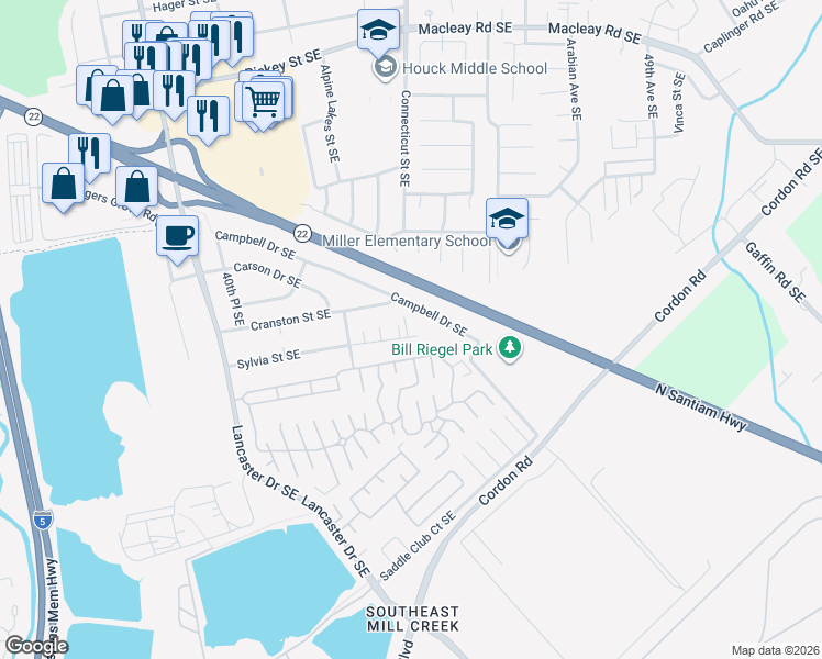 map of restaurants, bars, coffee shops, grocery stores, and more near 4373 Sylvia Court Southeast in Salem