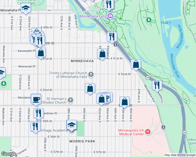 map of restaurants, bars, coffee shops, grocery stores, and more near 5212 42nd Avenue South in Minneapolis