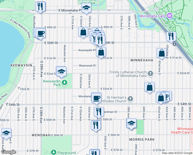 map of restaurants, bars, coffee shops, grocery stores, and more near 5214 South 34th Avenue in Minneapolis