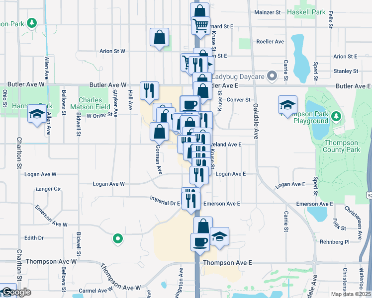 map of restaurants, bars, coffee shops, grocery stores, and more near 78 Moreland Avenue East in West Saint Paul