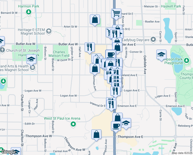 map of restaurants, bars, coffee shops, grocery stores, and more near 34 Moreland Avenue West in West Saint Paul