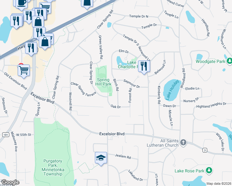map of restaurants, bars, coffee shops, grocery stores, and more near 5224 Birch Road in Minnetonka