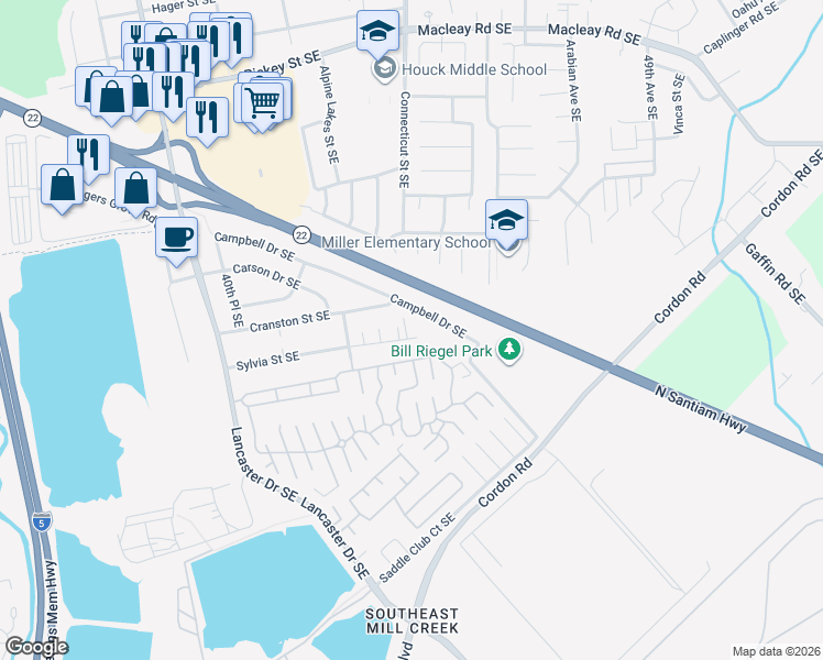 map of restaurants, bars, coffee shops, grocery stores, and more near 4373 Sylvia Court Southeast in Salem