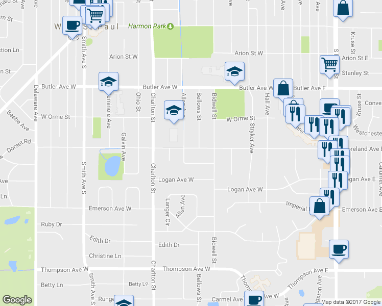 map of restaurants, bars, coffee shops, grocery stores, and more near 184 Moreland Avenue West in Saint Paul