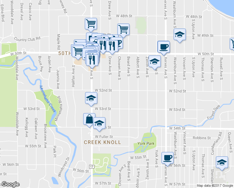 map of restaurants, bars, coffee shops, grocery stores, and more near 5208 Chowen Avenue South in Minneapolis