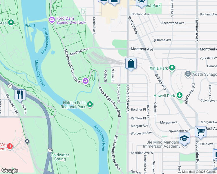 map of restaurants, bars, coffee shops, grocery stores, and more near 1331 Colby Avenue in Saint Paul