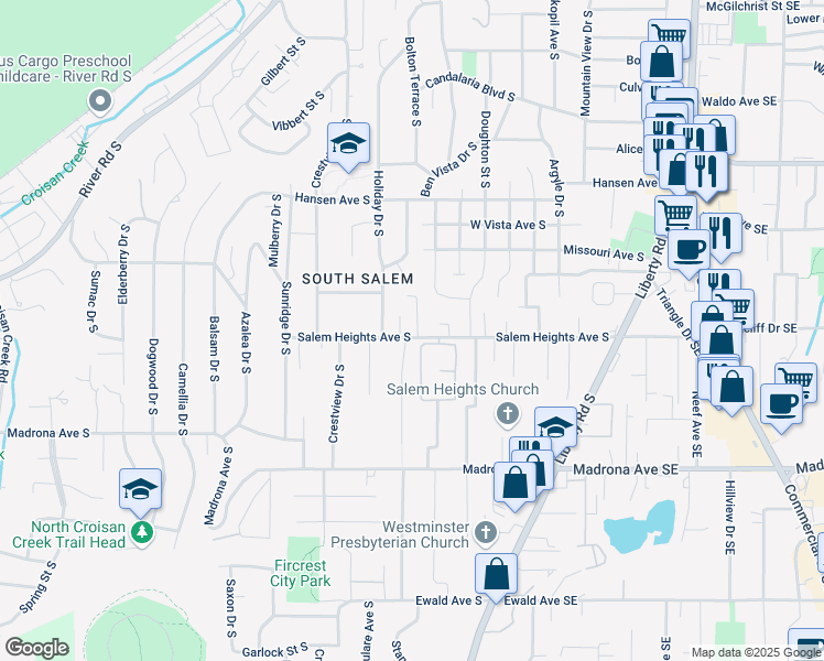 map of restaurants, bars, coffee shops, grocery stores, and more near 665 Salem Heights Avenue South in Salem