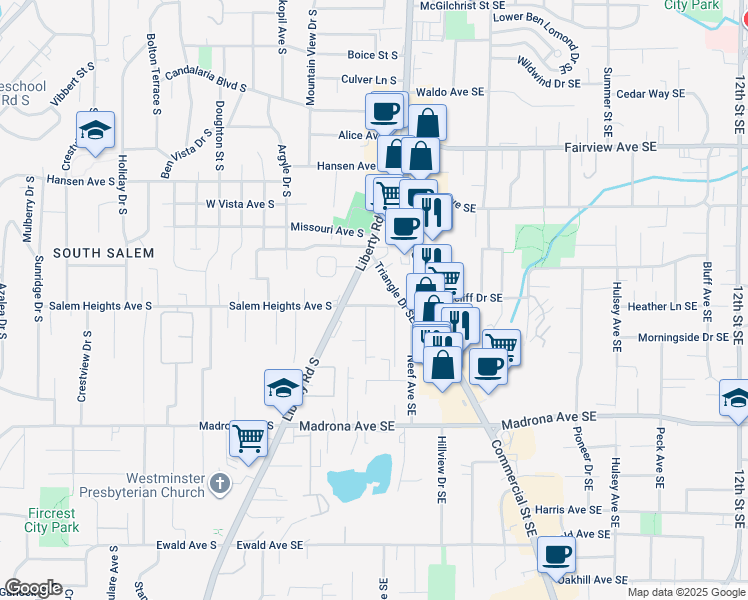 map of restaurants, bars, coffee shops, grocery stores, and more near 233 Salem Heights Avenue Southeast in Salem