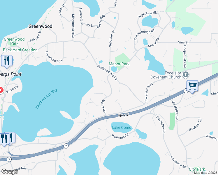 map of restaurants, bars, coffee shops, grocery stores, and more near 5230 Manor Road in Greenwood