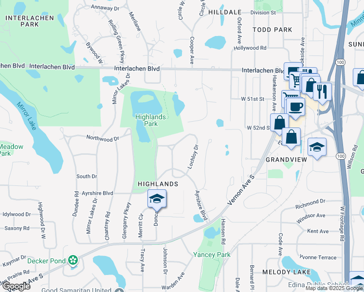 map of restaurants, bars, coffee shops, grocery stores, and more near 5240 Lochloy Drive in Minneapolis