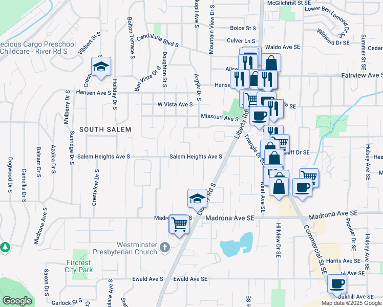 map of restaurants, bars, coffee shops, grocery stores, and more near 301 Salem Heights Avenue South in Salem