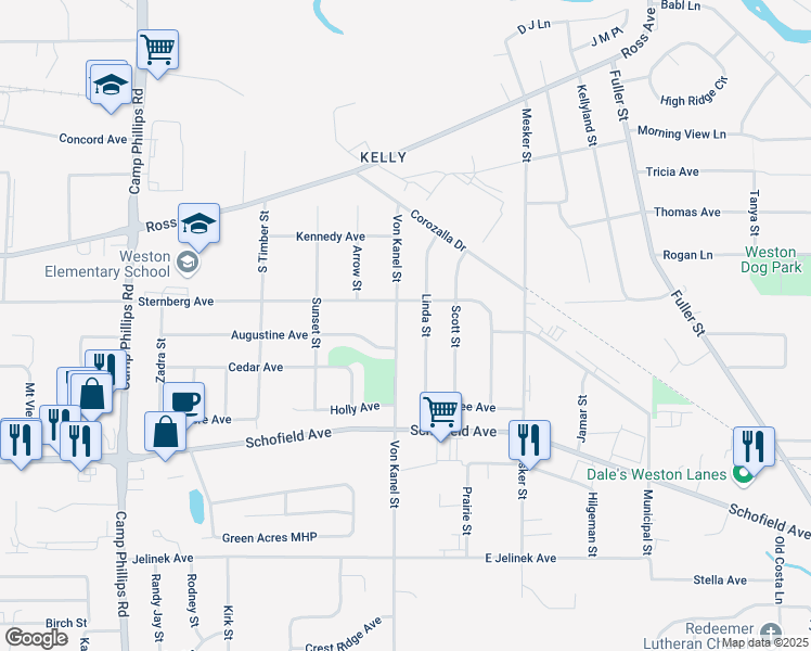 map of restaurants, bars, coffee shops, grocery stores, and more near 5311 Von Kanel Street in Weston