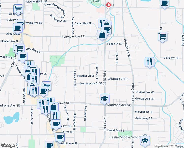 map of restaurants, bars, coffee shops, grocery stores, and more near 1025 Heather Lane Southeast in Salem