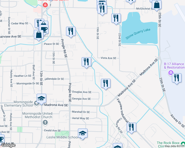 map of restaurants, bars, coffee shops, grocery stores, and more near 1647 Salishan Street Southeast in Salem