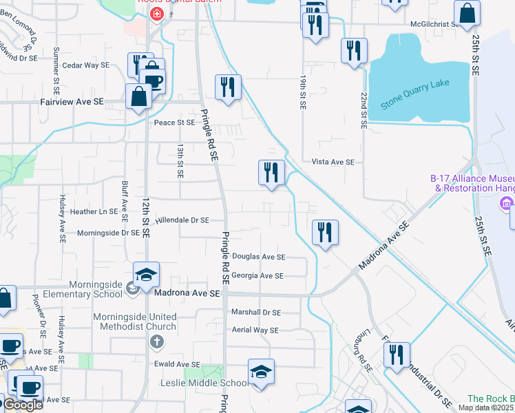map of restaurants, bars, coffee shops, grocery stores, and more near 1489 Salishan Street Southeast in Salem