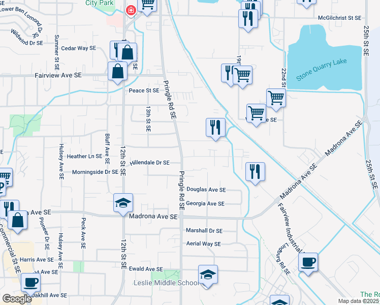 map of restaurants, bars, coffee shops, grocery stores, and more near 3298 Pringle Road Southeast in Salem