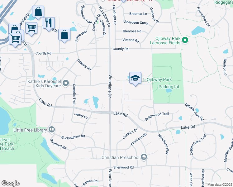 map of restaurants, bars, coffee shops, grocery stores, and more near 2825 Woodlane Drive in Woodbury