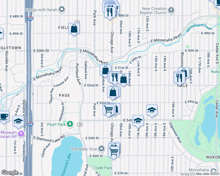 map of restaurants, bars, coffee shops, grocery stores, and more near 5201 Chicago Avenue in Minneapolis