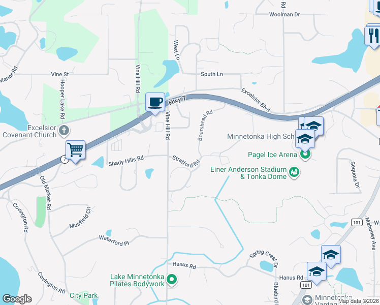 map of restaurants, bars, coffee shops, grocery stores, and more near 19100 Stratford Road in Minnetonka