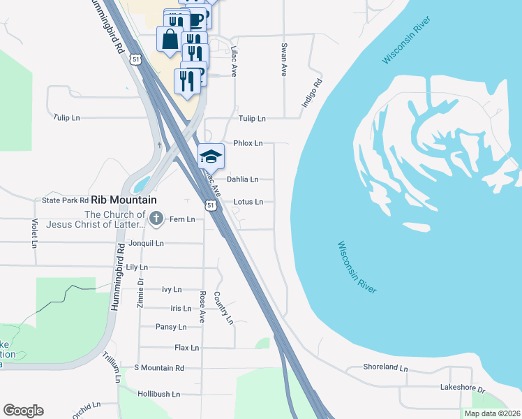 map of restaurants, bars, coffee shops, grocery stores, and more near 905 Lotus Lane in Wausau