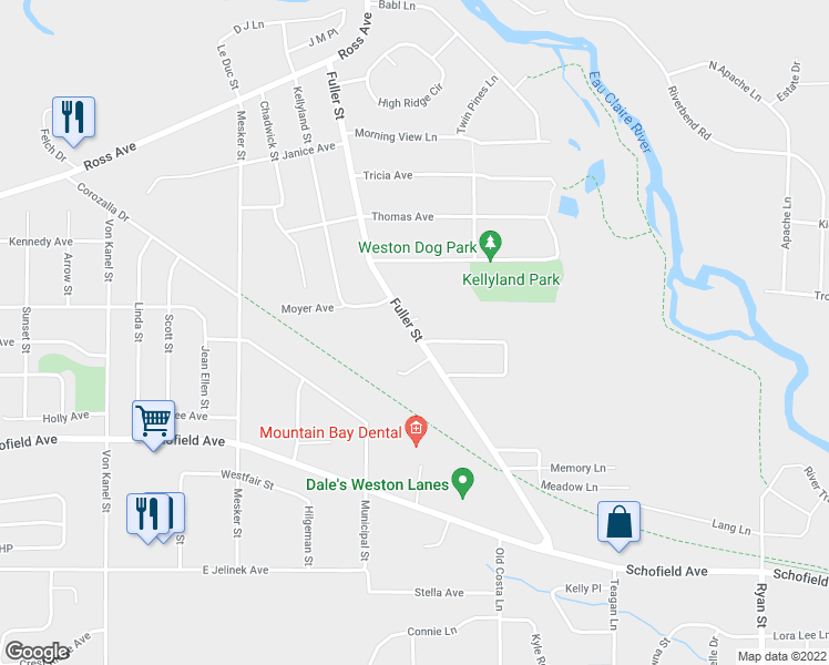 map of restaurants, bars, coffee shops, grocery stores, and more near 5303 Fuller Street in Schofield