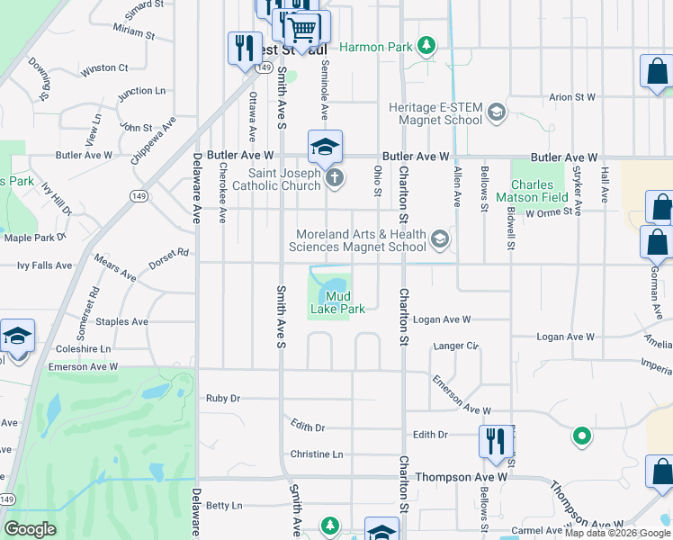 map of restaurants, bars, coffee shops, grocery stores, and more near 334 Moreland Avenue West in West Saint Paul