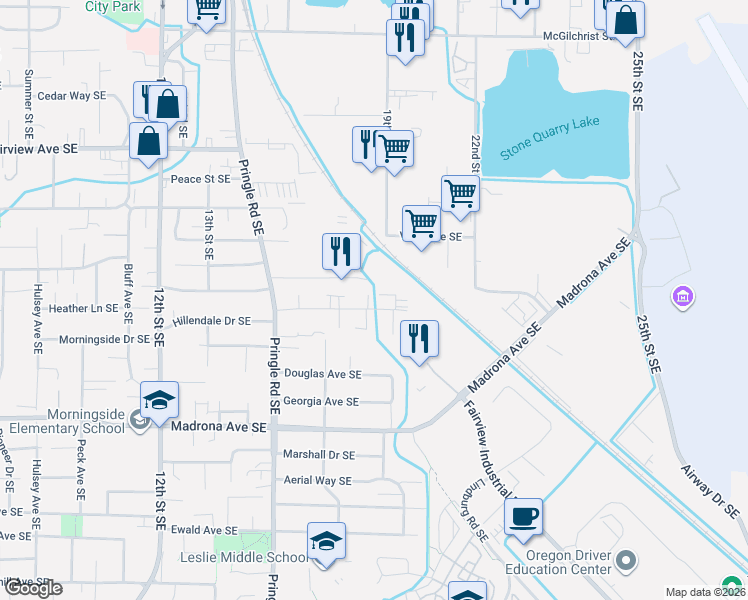 map of restaurants, bars, coffee shops, grocery stores, and more near 1785 Salishan Street Southeast in Salem
