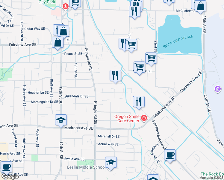 map of restaurants, bars, coffee shops, grocery stores, and more near 1529 Salishan Street Southeast in Salem