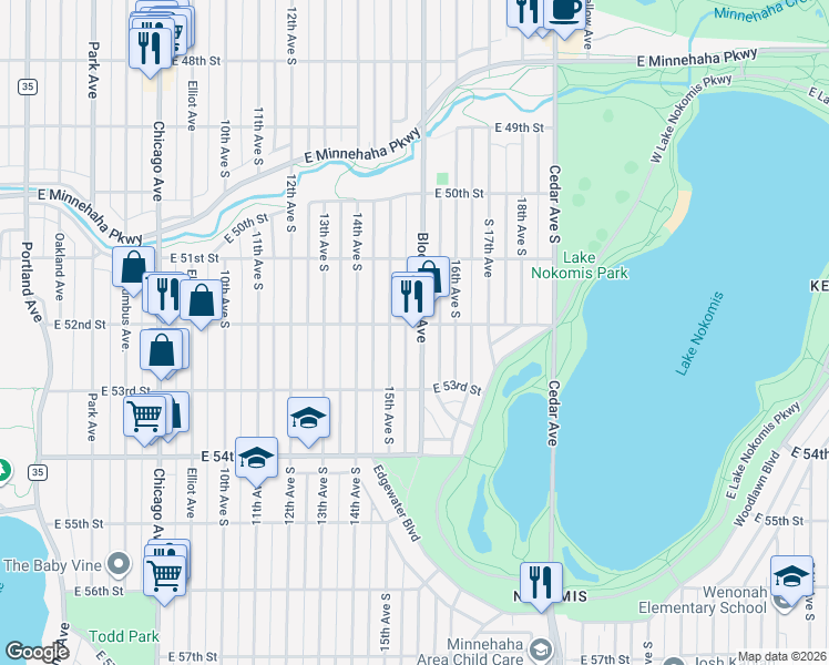 map of restaurants, bars, coffee shops, grocery stores, and more near 5204 Bloomington Avenue in Minneapolis