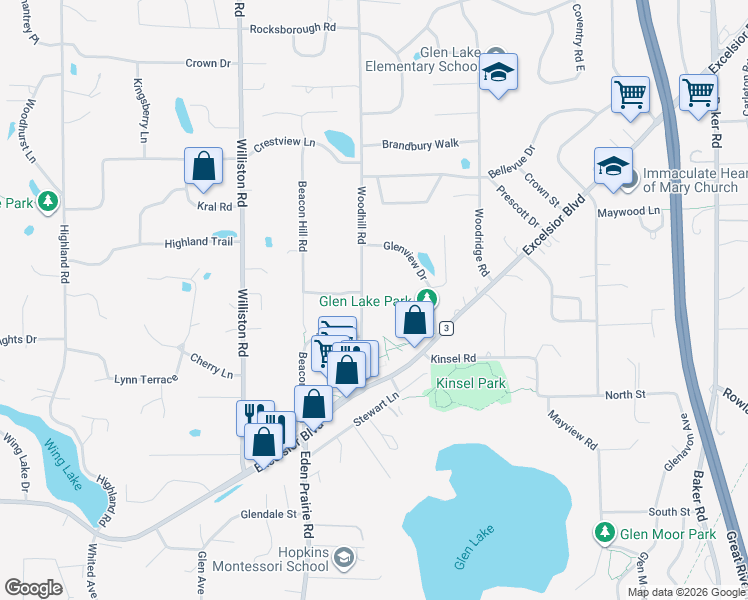 map of restaurants, bars, coffee shops, grocery stores, and more near 5221 Woodhill Road in Minnetonka