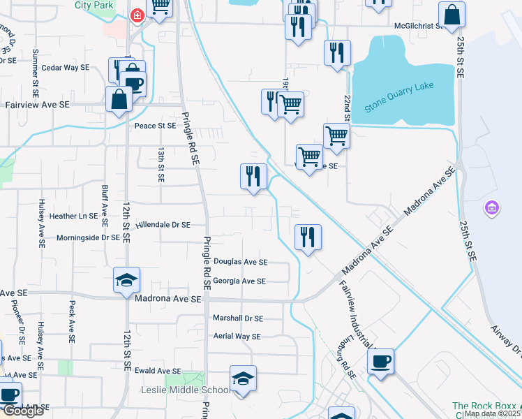 map of restaurants, bars, coffee shops, grocery stores, and more near 1647 Salishan Street Southeast in Salem